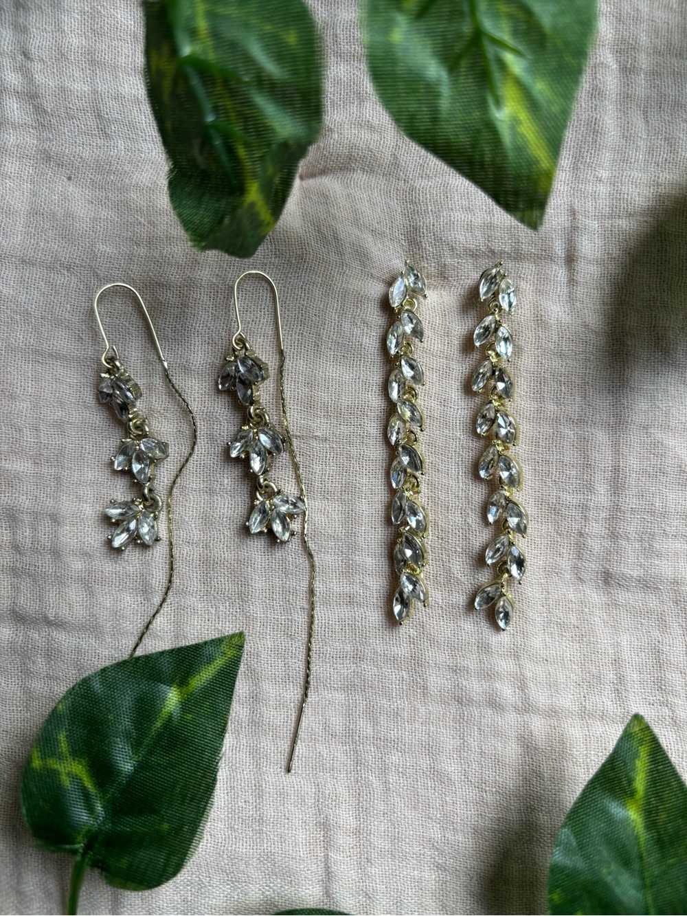 Delicate Gold Crystal Leaf Drop Earrings - Clear Gold